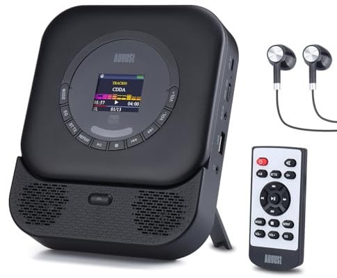 August SE15 Lettore CD Portatile con Bluetooth 5.3, USB, AUX In/Out,Stereo CD Player 6W, Lettori CD Batteria Ricaricabile, EQ, Antiurto, Ripeti, Montaggio a Parete, Cuffie e Telecomando Inclusi