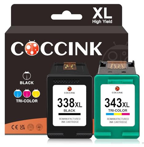 COCCINK 338XL 343XL(1 Schwarz 1 Farbe) Druckerpatronen für HP 338 XL 343 XL für Photosmart 2575 2610 2710 8150 8750 DeskJet 460 5740 6540 6620 6840 9800 PSC 1610 2355 Wiederaufbereitete Patronen