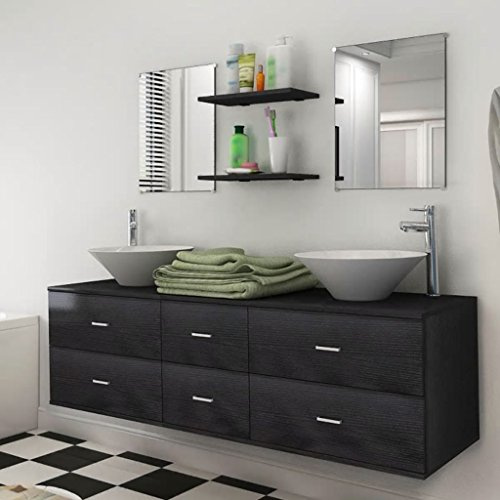 IKAYAA Conjunto 7 Piezas de Muebles de Baño Suspendido, Lavabo Incluido, Mueble de Lavabo Doble, Juego de Muebles de Baño de Pared, Mueble de Lavabo, Espejo, Mueble de Baño con 2 Lavabos, Negro