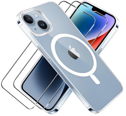 For iPhone 13 Case/iPhone 14 Case [Compatible with MagSafe],iPhone13/iPhone14 Magnetic Phone Case/Cover+Tempered Glass Screen Protectors 2Pack,Soft TPU Shockproof Protective Phonecase 6.1 inch (Clear)