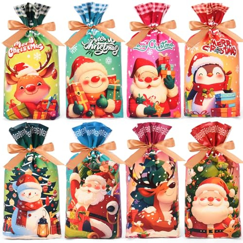 AhfuLife 48 Stück Weihnachten Kordelzug Süßigkeiten Tüten, Kleine Weihnachten Kordelzug Geschenkbeutel Weihnachtstüte für Kinder Weihnachts Festlich Kekse Gebäck Kleine Geschenke Adventskalender