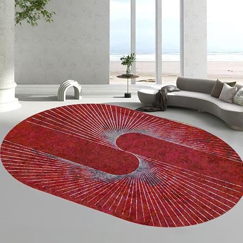 Ovaler Teppich, Wohnzimmer, Schlafzimmer, weich, oval, rutschfest, Kurzflor, maschinenwaschbar, Moderne Linien, Rot, 120 x 160 cm
