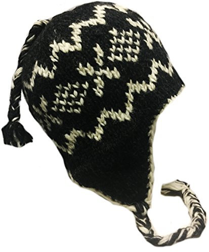Nepal Handgestrickte Sherpa Mütze mit Ohrenklappen, Trapper Ski schwere Wolle Fleece gefütterte Cap (Diamond Black/White)