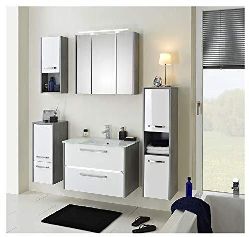 Pelipal - FOKUS 02-3050 - Badmöbel-Set - 77 cm - 6-teilig, vormontiert mit Spiegelschrank, Glas-Waschtisch usw. in weiß Hochglanz/Betonoptik