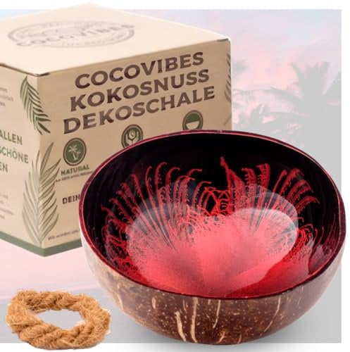cocovibes Kokosnuss Schale mit Anti-Kipp-Ring – einsetzbar als Dekoschale, Schlüsselschale, Schmuckschale – rot schwarz, 13 cm (RUBY-1)