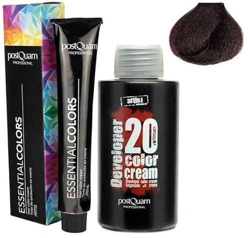 PostQuam - Pack de 3 Tinte de Peluqueria Profesional + Agua Oxigenada en Crema de 20 VOL | Tinte Permanente 100% Cobertura de Canas Garantiza Color Natural Uniforme y Duradero