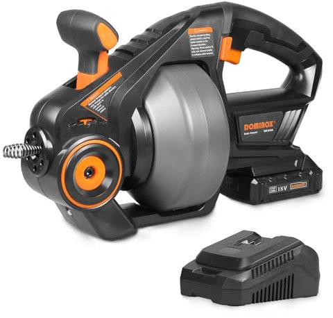 DOMINOX 18V Spirale Pulizia Tubi Elettrica, 7,6m Albero in Acciaio a Molla per 19-76mm Fogna, Pulitore Tubi Scarico per WC, Bagno, Cucina, Fogna (Comprese le Batterie)