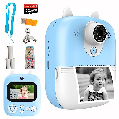 Lacosvi Sofortdruckkamera, Digitalkamera für Kinder, 12 MP, 1080 HD-Videos, IPS-Display, 6,1 cm (2,4 Zoll), SD, 32 GB, Selfie-Videokamera, Geschenke für Mädchen und Jungen von 3 bis 12 Jahren, Blau