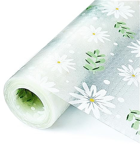 KIMCHOMERSE Shelf Liner Non Adhesive Drawer Liner for Kitchen Cabinets, Refrigerator Liners Waterproof Cupboard Liner for Shelves -Leaf Daisy 60x500cm