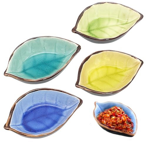 LTHERMELK 4 Stück Mini Dipschalen Blattförmige Keramikschale, Mini Schälchen Saucenschalen, Porzellan Dessertschalen Dipschalen, für Snack Sushi Sojasauce Saucen Gewürzen Frucht Snacks(4 Farben)