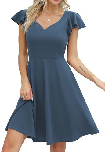 Missufe Damen Cocktailkleid Elegant Vintage Minikleid Kurz A-Linie Herzausschnitt Kleider (Dunstblau, X-klein)