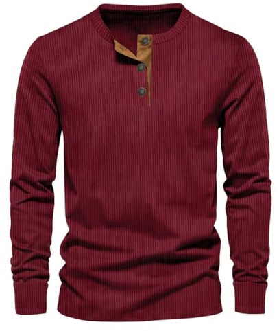 MakingDa Kordüroy Henley-Hemd für Männer Langarm Knopf Pullover Slim Fit Vintage Weich Leicht Casual Klassisch Arbeits Sweatshirt Rot M