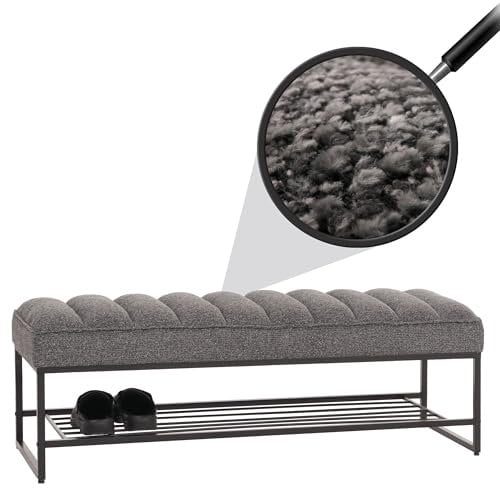 Mendler Sitzbank HWC-N68 mit Schuhablage, Bank Polsterbank Garderobenbank Schuhregal, Stoff Chenille Metall 130cm - dunkelgrau