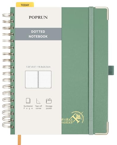 POPRUN Notizbuch B5 Gepunktetes, Bullet Dotted Journal, Spiral-Notizbücher 120 GSM Papier, 220 nummerierte Seiten, Hardcover mit Kleberegisterkarten und 8 Abreißblättern - MGN(Mitternachtsgrün)