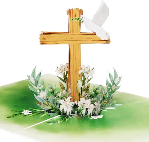 BETESSIN 3D Pop-Up Karte Kommunion - Kommunionskarte mit Kreuz und Blumen Design - Konfirmation Karte mit Umschlag - Glückwunschkarte für Kommunion, Konfirmation, Firmung, Taufe uvm.