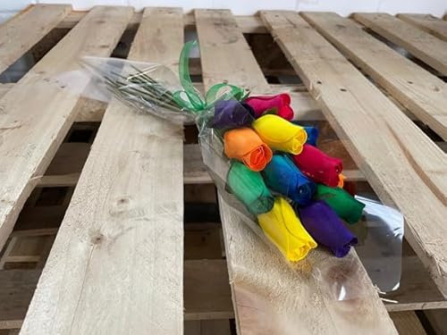 Bouquet di fiori eterni, 1 dozzina di rose in legno in una scelta di colori vivaci, 12 boccioli di rosa in violoncello, regalo floreale istantaneo (arcobaleno)