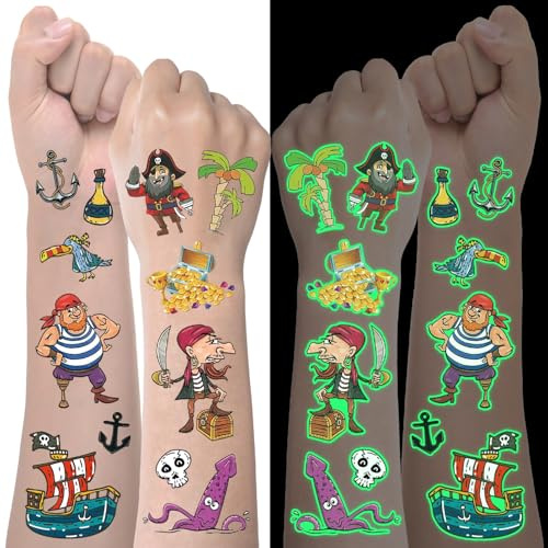 Piraten Tattoo Kinder, 10 Blätter Leuchtend Kindertattoos Mitgebsel Kindergeburtstag, Piraten Kostüm Junge Mädchen Accessories Aufkleber, Piratenkostüm Kinder Gesichtstattoo Pirate Zubehör