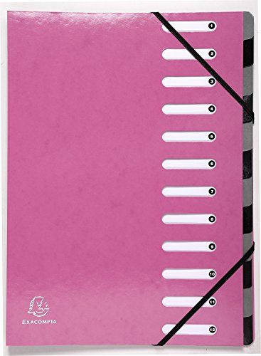 Exacompta 53928E Premium Ordnungsmappe Iderama. Aus beschichtetem Colorspan-Karton DIN A4 12 vollfarbige Fächer, dehnbarer Rücken und 2 Gummizüge mit Indexfenstern Register-Mappe rosa