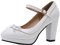 LOVOUO Mary Jane Chaussures Femme Escarpin Rockabilly Vintage Talon Carré Bloc Haut Plateforme Bride Cheville avec Noeud Boucle 8CM(Blanc,41)
