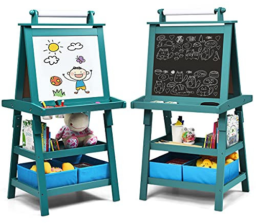 COSTWAY 3 in 1 Kinder Staffelei, Kindertafel doppelseitig, Whiteboard & Kreidetafel & Zeichenpapier, Standtafel inkl. Magneten, 2 Regalebenen Holztafel mit 2 Aufbewahrungsboxen (Blau)