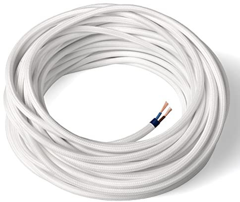 Amarcords - Textilkabel für Lampen WEISS, rund, Seide, 50 Meter, mit 2 Leiter 2x0,75 - Stoffkabel mit farbigem vintage Stoff überzogen für Kronleuchter, Wandlampen und Lampenschirme