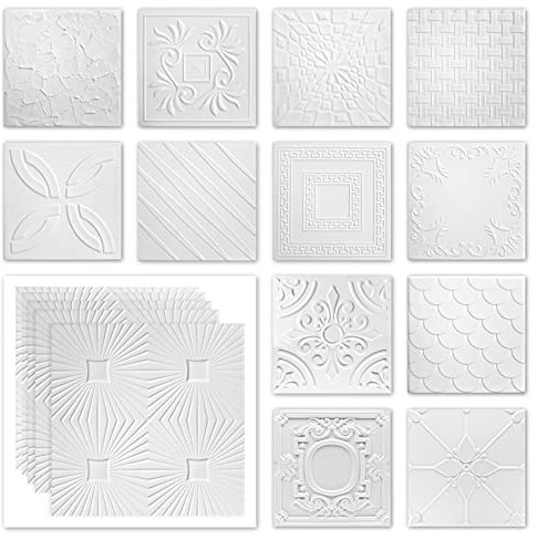 HEXIM Dalles de plafond 50x50cm Plaques de polystyrène XPS blanc, Panneaux de plafond Décoration de l'espace Revêtement (NR.24, 10 m²)