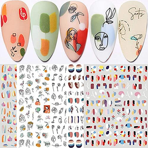 Yeahbo Abstract Nail Stickers Nail Art Stickers Self Adhesive Graffiti Lady Face Rose Design, 6 Sheets Nail Decals for Gel Nails Decoration for Women Girls Kids