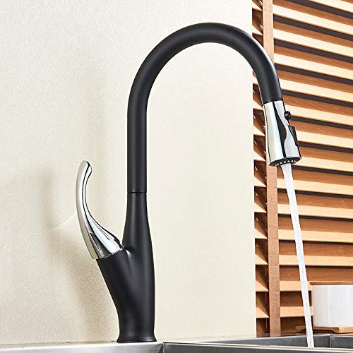 Grifo de cocina Pull Out Pulverizador Sola manija Mezclador Grifo Faucet 360 Gorra de la cocina Grifo de agua caliente y fría-Negro con cromo