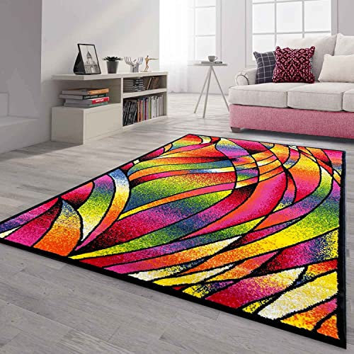 VIMODA Teppich Bunt Patchwork Wellen Punkte Farbig Modern Kurzflor Wohnzimmer, Farbe:B414, Maße:200x290 cm