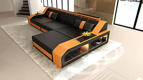 Ledersofa Arezzo L Form Sofa - mit LED Beleuchtung, verstellbare Kopfstützen, Recamiere/Lederfarben wählbar/Ausrichtung Ottomane wählbar (Ottomane rechts, Schwarz-Orange)