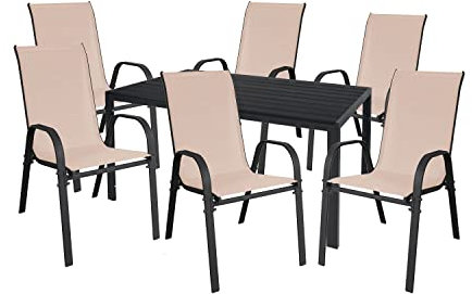 Mojawo Hochwertige Gartengarnitur 7-teilig Gartentisch 150x90cm Anthrazit Aluminium/WPC Schwarz + 6 Stapelstühle Stahl Textilen Beige