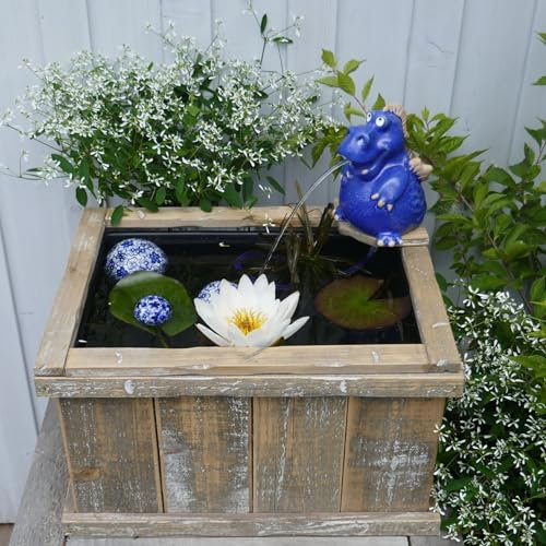 Storm's Gartenzaubereien Miniteich Set - Holzkiste mit Aufsatz Teich Becken für Wasserspeier Drache mit Pumpe und Schwimmkugeln - Teichkugeln