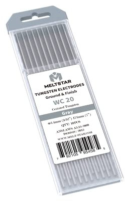 MELTSTAR Électrode de Tungstène TIG 2% de au cérium WC20 gris (2,4mm x 175mm) - Lot de 10 Pièces - Pour Soudage TIG