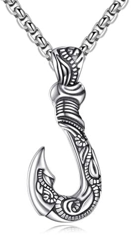 KQF Fish Hook Necklace for Men Sterling Silver Jewellery Punk Pendant Strength Vintage for Men Boys