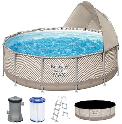 Bestway Steel Pro MAX Frame Pool Komplett-Set mit Filterpumpe Ø 396 x 107 cm, Op Art-Design, rund