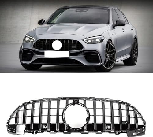 Gangying W206 Kühlergrill, GTR GT Style Frontgrill für Mercedes C-class C180 C200 C250 C300 C350 C400 2021-2024 Schwarz glänzend(Nicht passen C63,ohne Kamera)