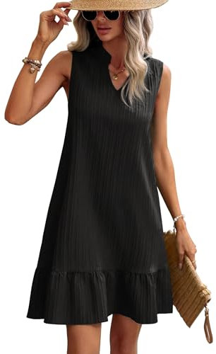 ZEAGOO Damen Minikleid Rüschen Blumen Drucken V-Ausschnitt Sommerkleid Casual A Linien T Shirt Kleid Schwarz L