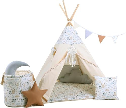 Rainbow Kids Zelt Kinderzimmer | Kinderzelt Indoor & Im Freien Klassisches Baumwolle Leinwand Spielzelt | Perfekte Dekoration Touch | Langlebiges Design- Eulchen und Hasi mit Zubehör