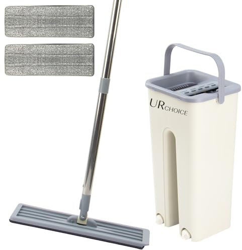 UR CHOICE 5L Flat Mop and Bucket Set - Floor Cleaner with 2 Reusable Microfiber Pads - Wet and Dry Mop for Hard Floors - Lightweight and Compact Cleaning System (WHITE)