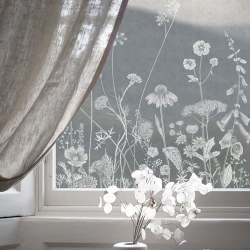 funlife Privacy Window Film Textured Films Frosted Window Sticker, Non-Adhesive Decorative Vinyl Film, Static Cling Double-Sided Glass Window Film White Print on Frost Thistle Daisy 58X120CM