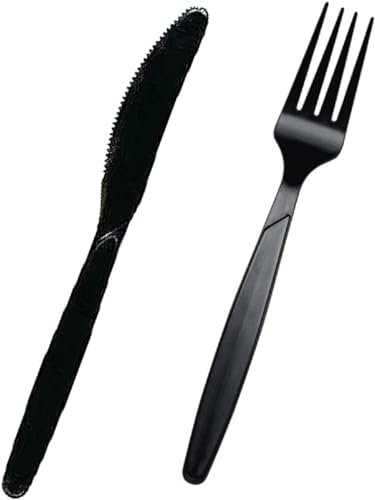 Ensemble de 200 couverts en plastique noir de haute qualité | Fourchettes, couteaux | Couverts en plastique réutilisables robustes pour les fêtes, la vaisselle, la maison, le bureau