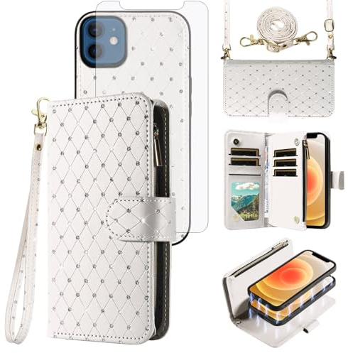 Asuwish Compatible with iPhone 12 Mini 5.4 Wallet Case Zipper Cell and Screen Protector Crossbody Strap Glitter Flip Card Holder Phone Cover for iPhone12mini 5G i 12s iPhone12 12mini Women White