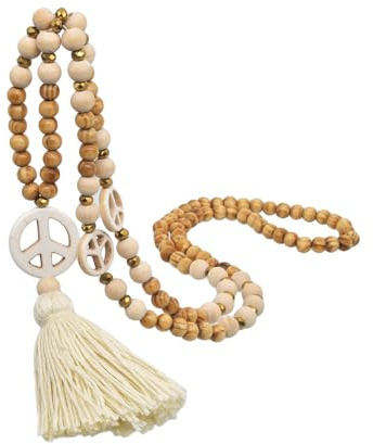 GAUEIOUR Natural Wooden Long Tassel Fringe Strand Necklace,Handmade Ethnic Peace Heart Cross Pendant Beaded Necklace for Women Sweater Chain Jewelry
