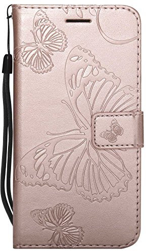 DENDICO Coque pour Galaxy J3 2016, Papillon Imprimé PU en Cuir Coque Magnétique Portefeuille TPU Étui Housse pour Samsung Galaxy J3 2016 - Or Rose
