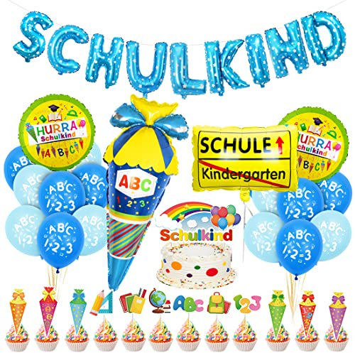Einschulung Schuleinführung Schulanfang Deko Set für Jungen, Geschenk Einschulung Junge Deko Blau, SCHULKIND Blau Banner + HURRA Schulkind Schulanfang Folienballon + Zuckertüte Luftballons mit ABC