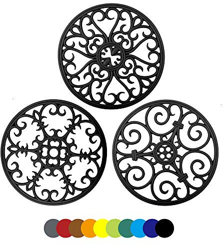 Silicone Trivet Mat 7.87 Multi-Use Hot Pads Round Pot Holders Heat Resistant Non Slip Flexible Durable Hot Pot for Dishes,Countertops,Tables Set of 3 (black)