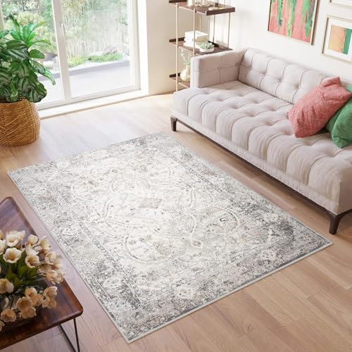 TAPISO Valley Teppich Kurzflor Vintage Creme Weiß Grau Dunkelgrau Rahmen Design Used Effekt Meliert Verwischt Wohnzimmer Schlafzimmer ÖKO-TEX 120 x 170 cm