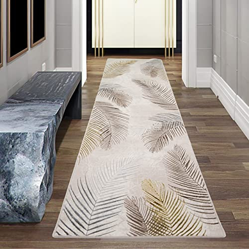 Teppich-Traum FLURLÄUFER schmaler Gang | Designer Teppich Wohn- & Schlafzimmer Palmenzweige Creme grau Gold Größe 80 x 300 cm