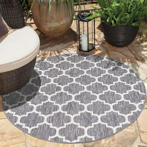 carpet city Teppich Outdoor Wetterfest - Grau - 200x200 cm Rund - Marokkanisch - Balkon Teppich Wasserabweisend - In-& Outdoor Teppiche für Terrasse, Garten, Küche, Bad oder Wohnzimmer