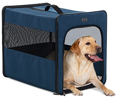 Petsfit Hundebox faltbar für zuhause, Hundetransportbox Faltbare Hundebox große Hunde, robust, leicht, sicher mit 3 cm dicken Plüschmatte, L 79x53.5x66cm